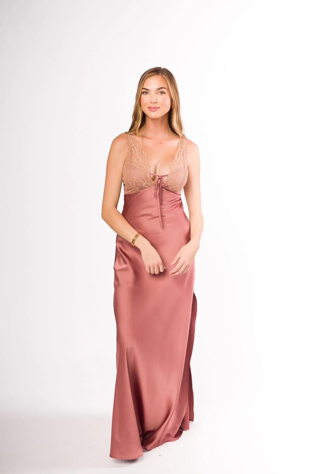 Christina Lace & Satin Contrast Maxi Dress in Blushed Cashmere - Directfux