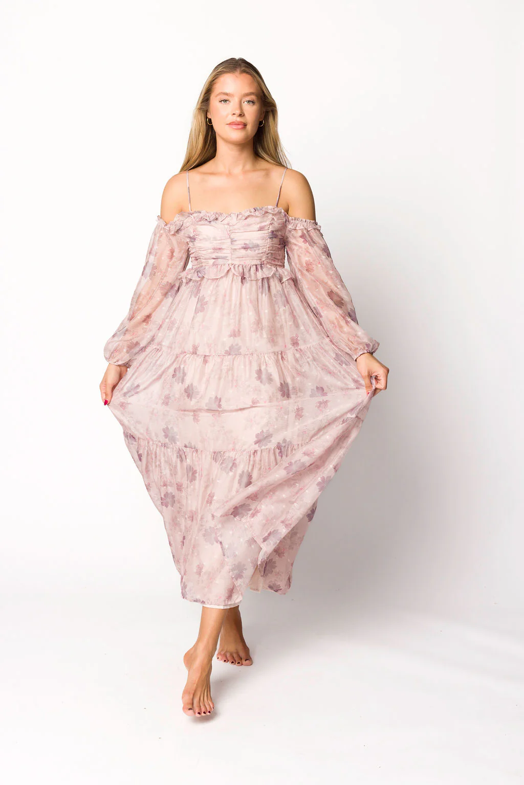 Atlas Rouched Midi Dress in Purple/Blush Floral - Directfux
