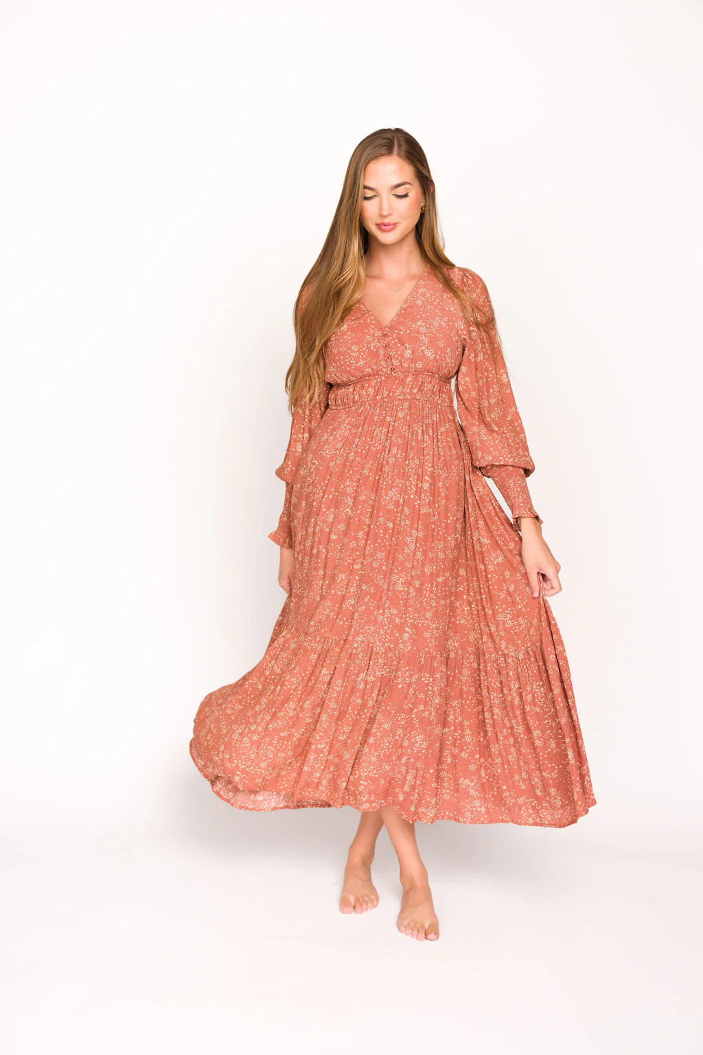 Florence Floral Button Down Long Sleeve Maxi Dress in Rosewood - Directfux