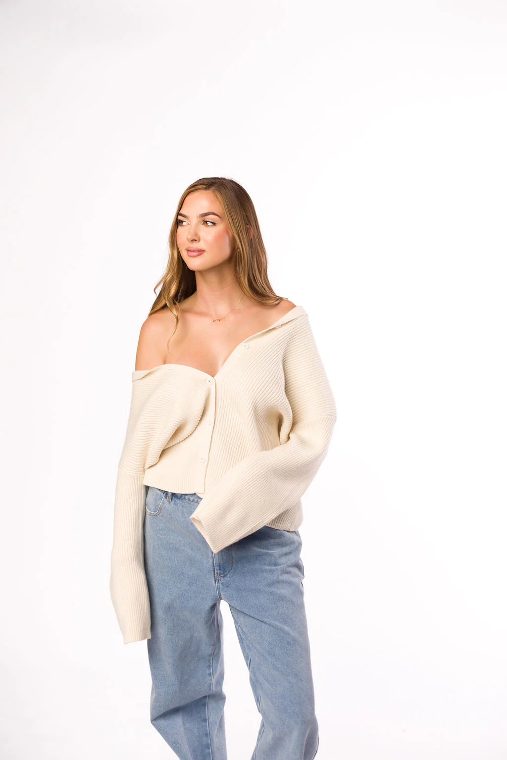 Carson Button Front Cardigan with Collar in Cream - Directfux