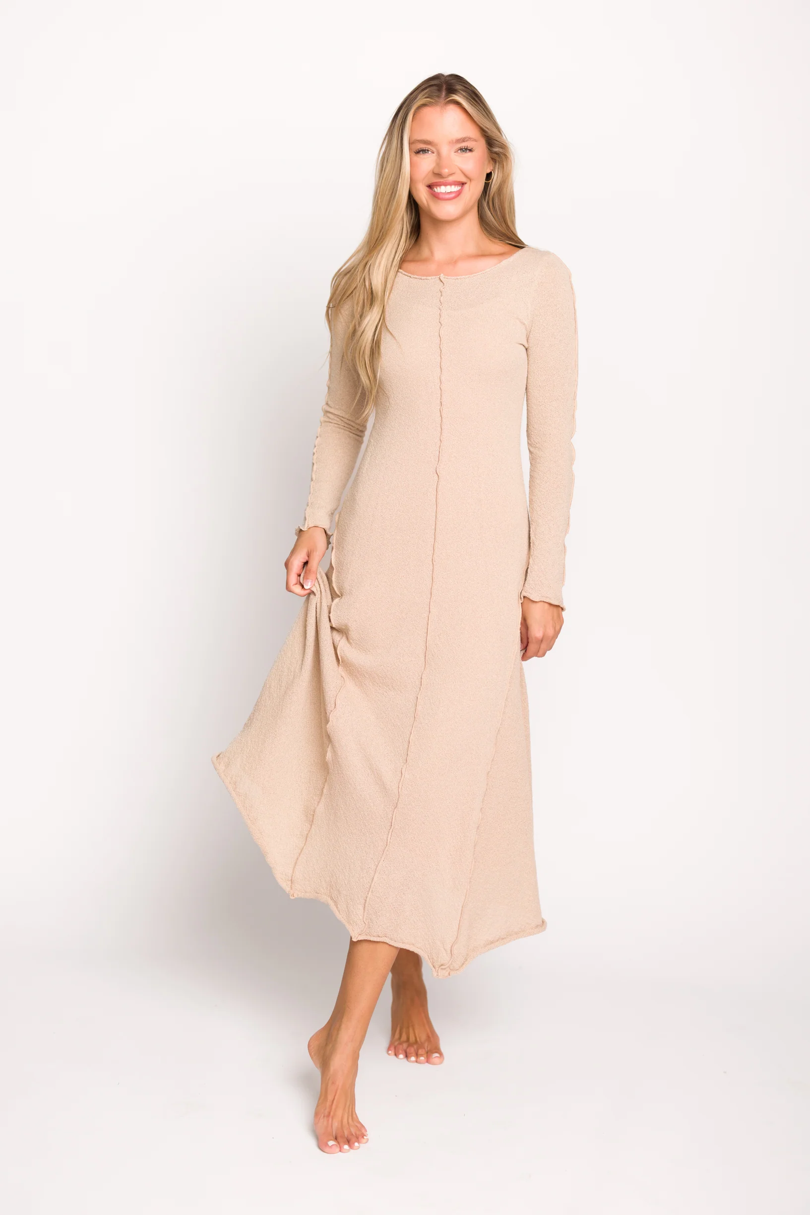 Selena Exposed Seam Midi Dress with Long Sleeves in Oatmeal (Lined) - Directfux