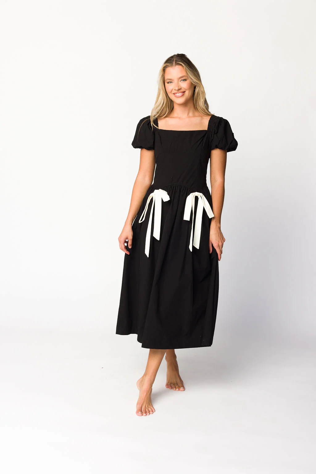 Ruby Midi Dress with Bow Detail in Black - Directfux