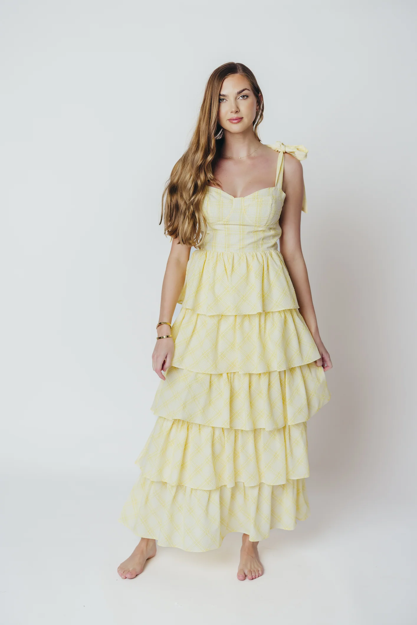 Jacquelyn Seersucker Midi Dress in Yellow Plaid - Directfux