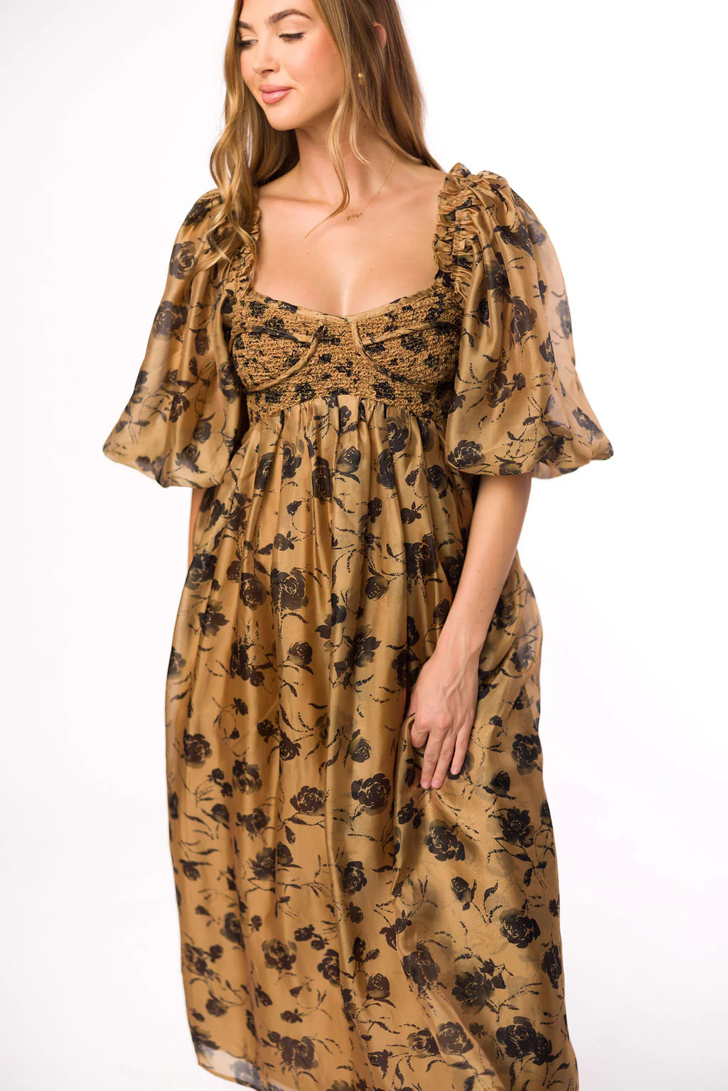 Harlow Camel & Black Floral Maxi Dress with Stretchy Neckline - Bump Friendly (Read Description) - Directfux