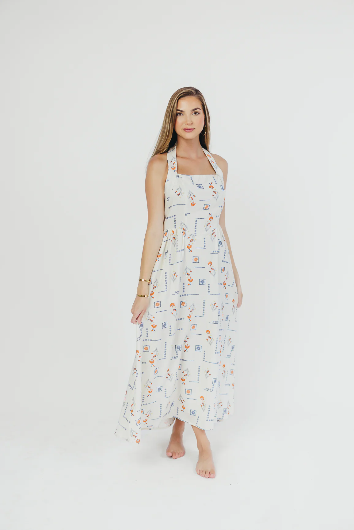 Athens Halter Midi Dress in White/Blue/Orange - Directfux