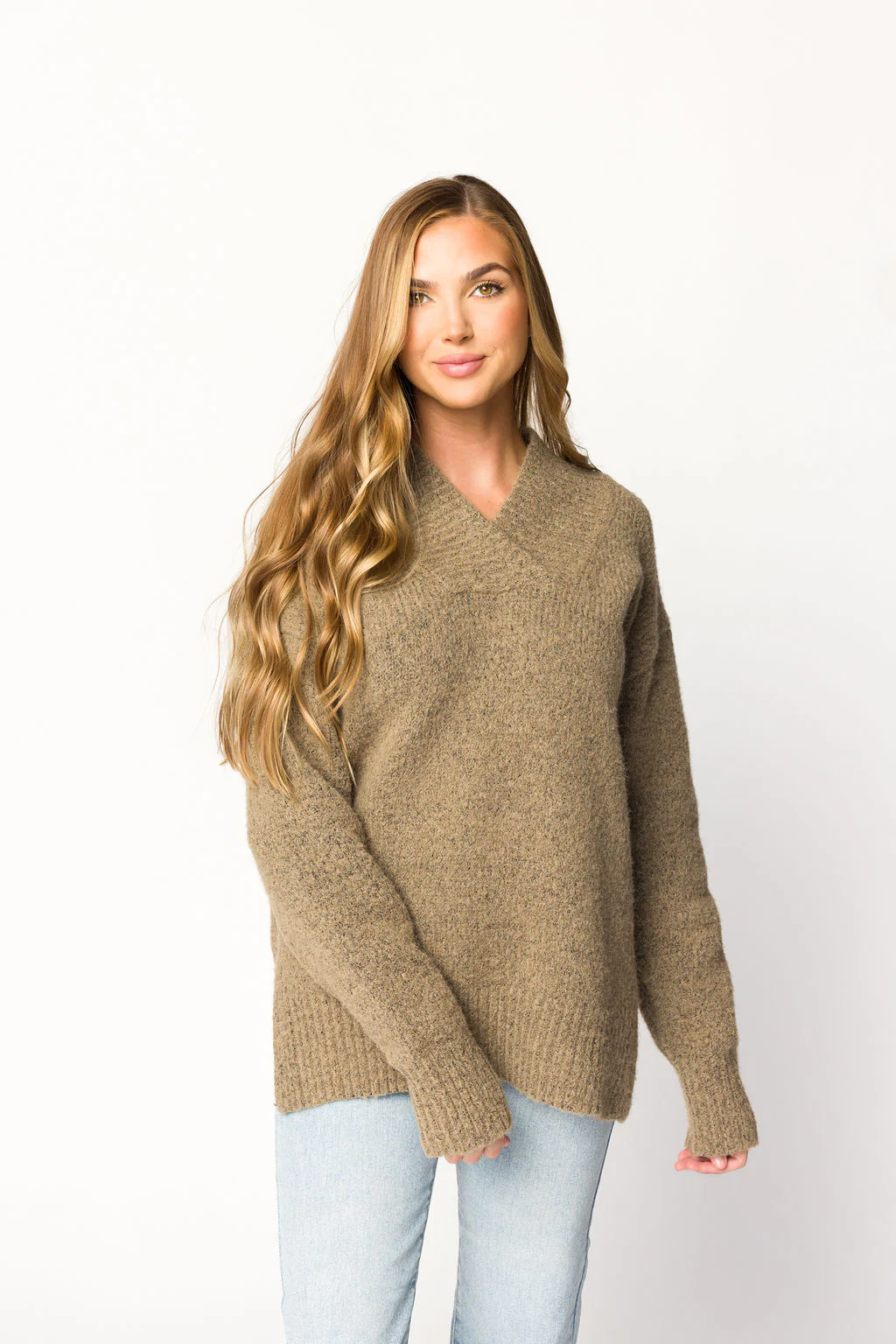 Jordan V-Neck Slouchy Soft Knit Sweater in Taupe - Directfux