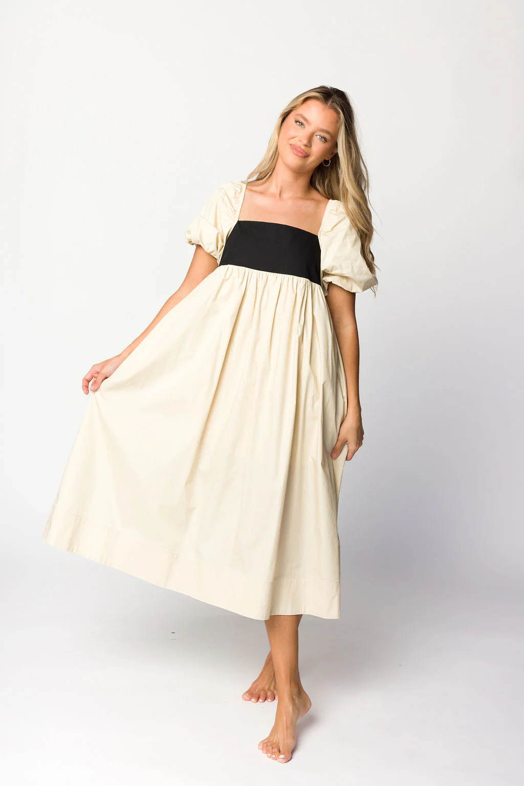 Amia Cotton Midi Dress in Beige - Directfux