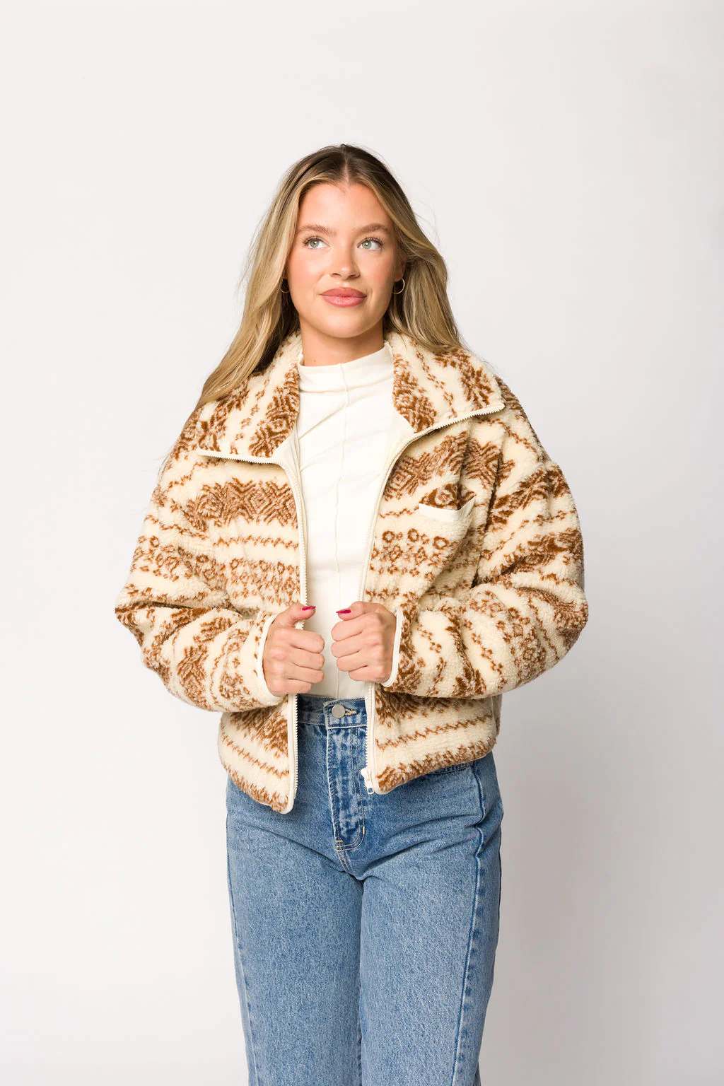 Sylvie Printed Fleece Jacket in Cream - Directfux
