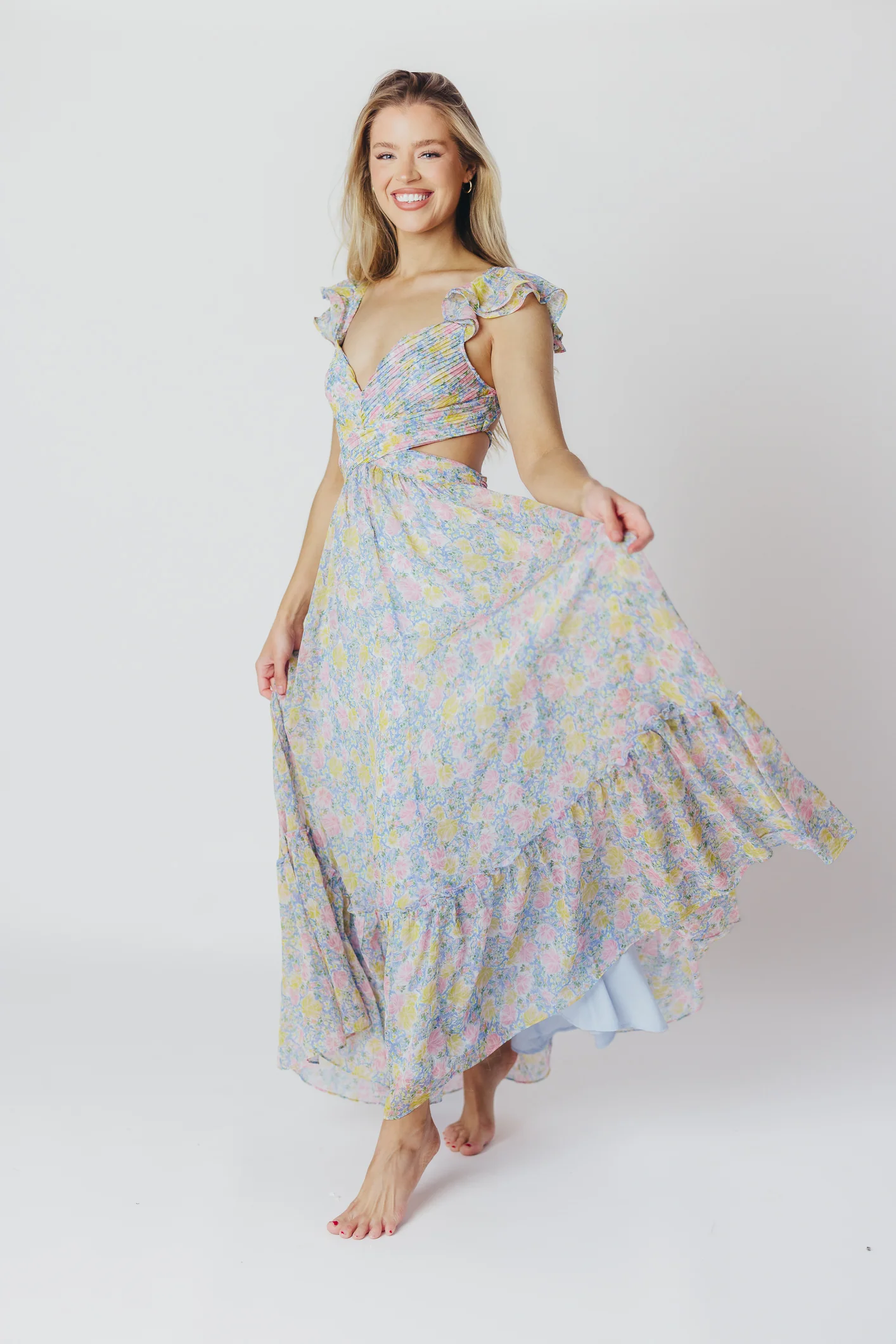 ASTR Primrose Maxi Dress in Blue/Pink Floral - Directfux