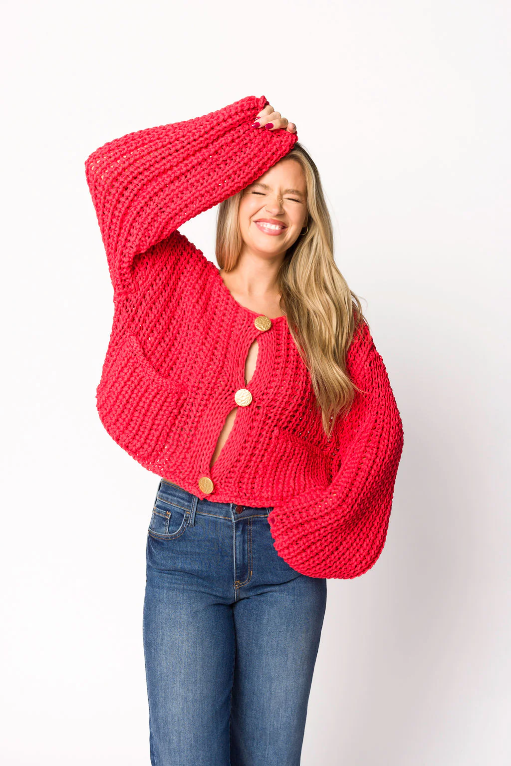 Reina Chunky Knit Cardigan in Red - Directfux