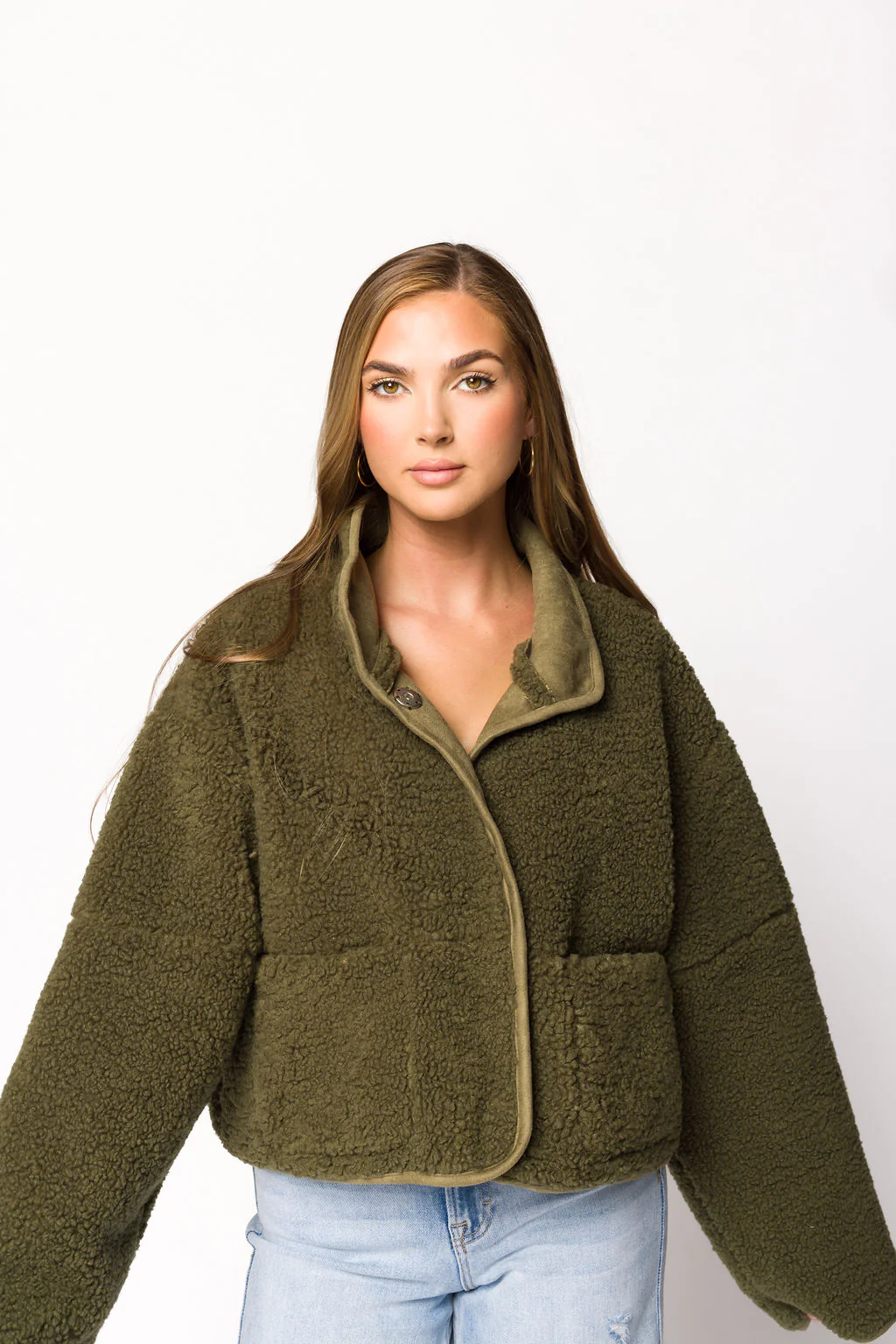 Abby Sherpa and Suede Reversible Jacket in Olive - Directfux
