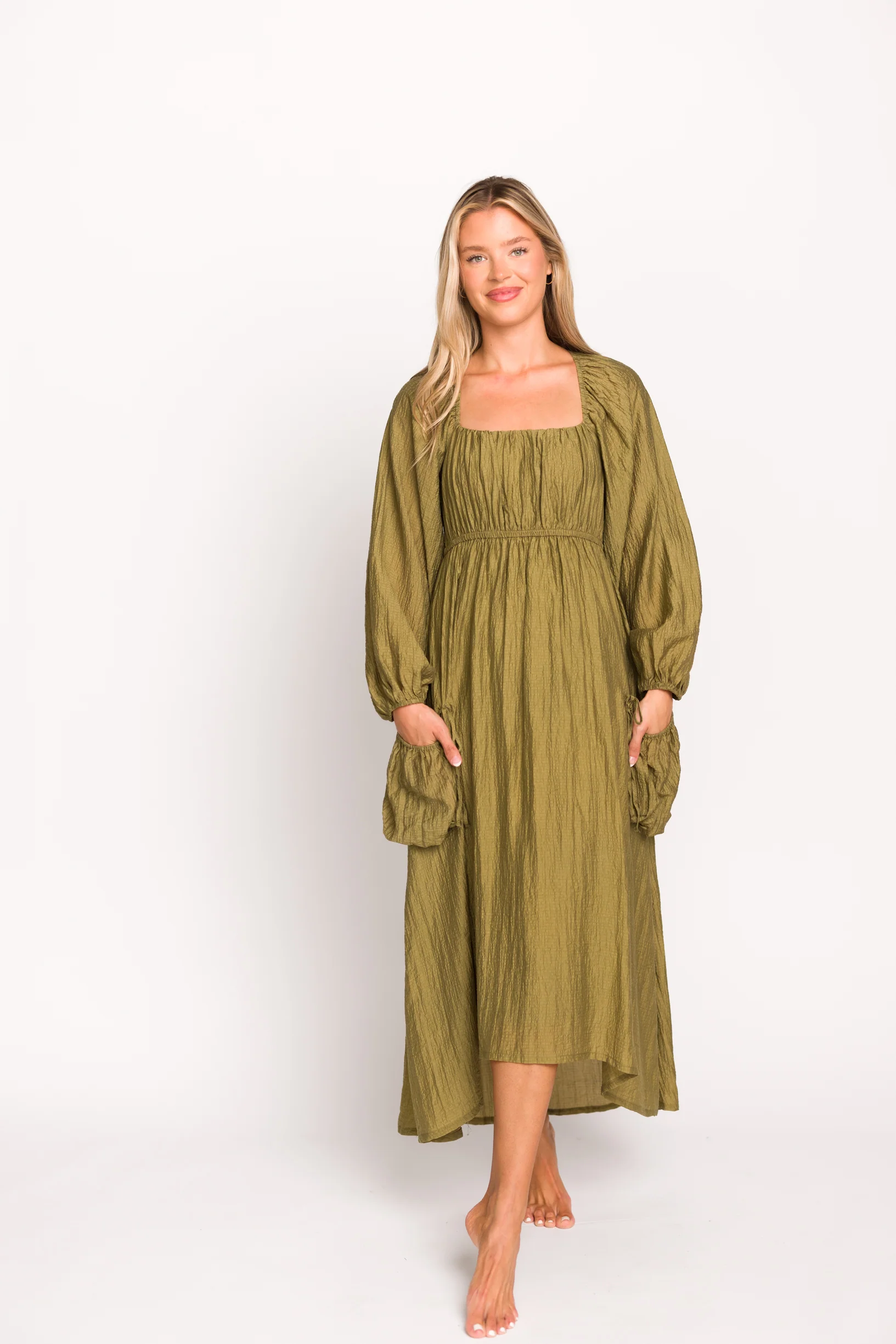 Ariana Long Sleeved Maxi Dress with Slouchy Pocket in Olive - Directfux