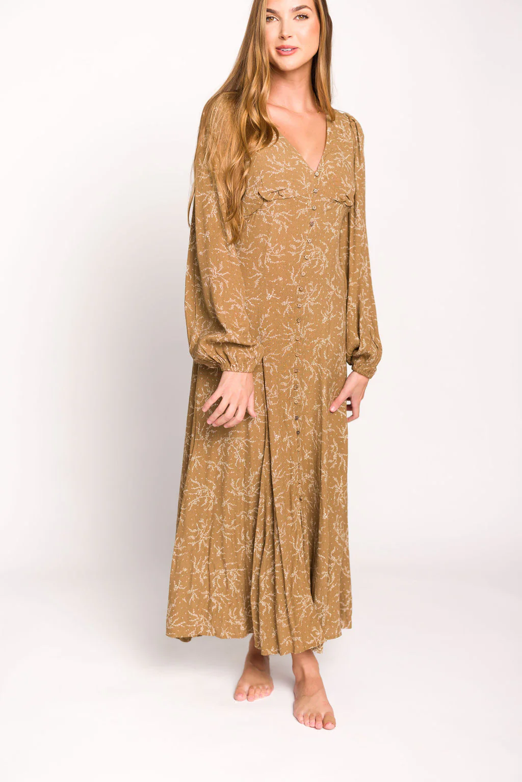 Brandi Long-Sleeve Button-Up Maxi Dress in Umber - Directfux