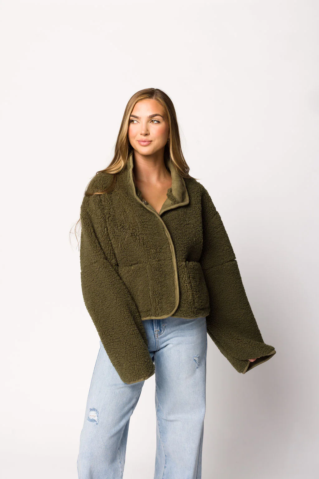 Abby Sherpa and Suede Reversible Jacket in Olive - Directfux