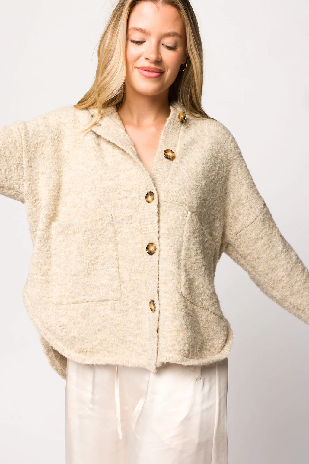 Lillian Boucle Knit Cardigan In Oat - Directfux