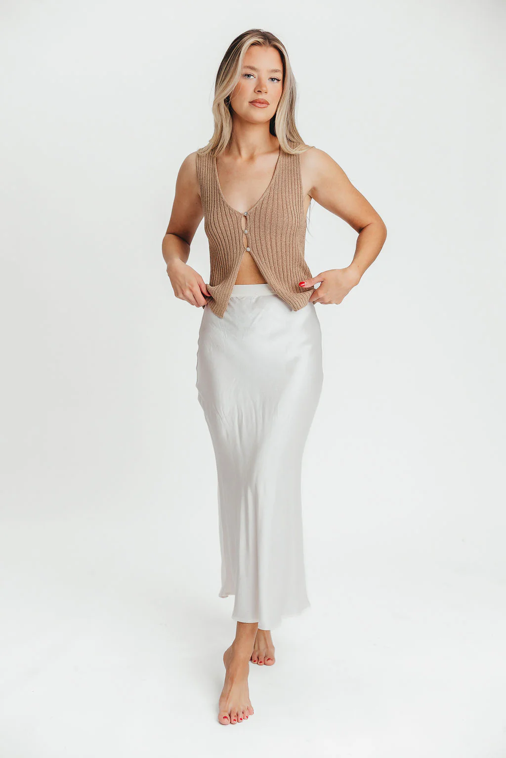 Kimberley Satin Long Midi Skirt in Champagne - Directfux