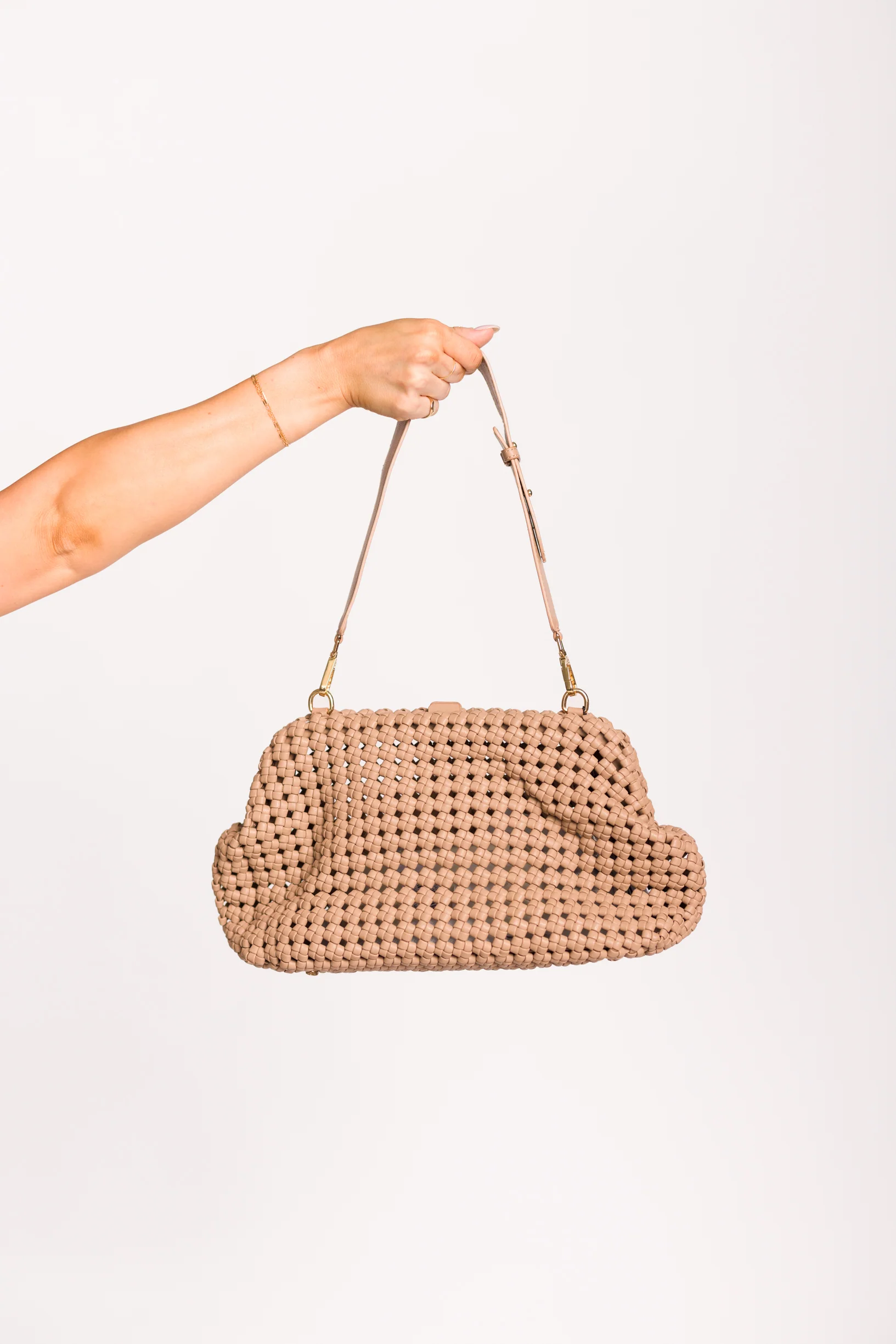 Large Braided Clutch with Strap in Taupe - Directfux