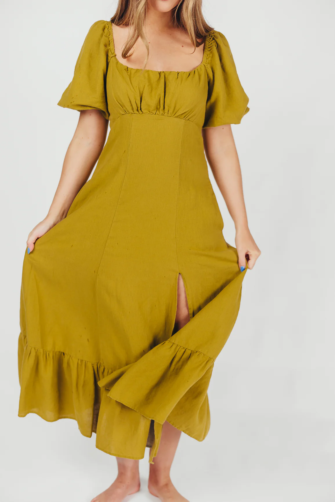 Beatrice Linen Fit-and-Flare Maxi Dress in Chartreuse - Directfux