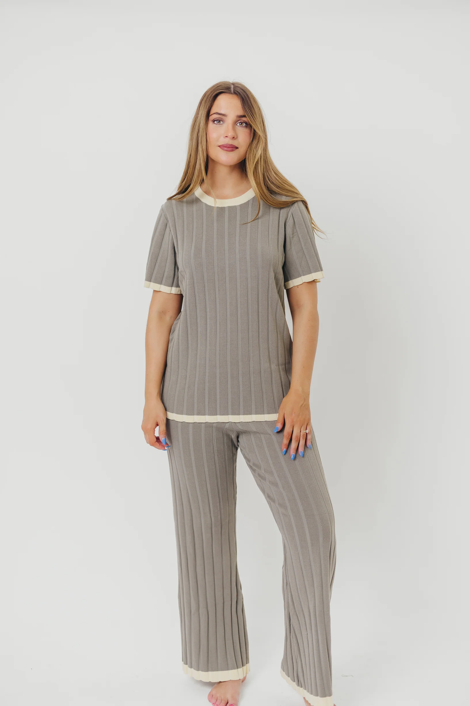 Adele Ribbed Knit Top and Pants Set in Dusty Olive - Directfux