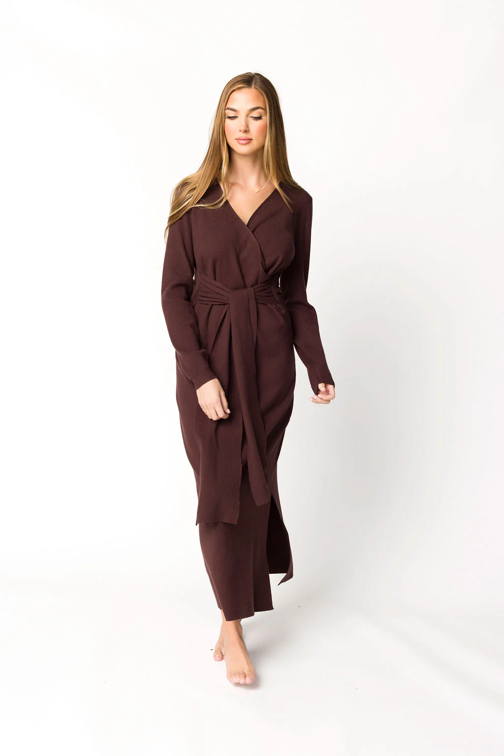 Harley Heathered Knit Midi Wrap Dress in Brown - Directfux