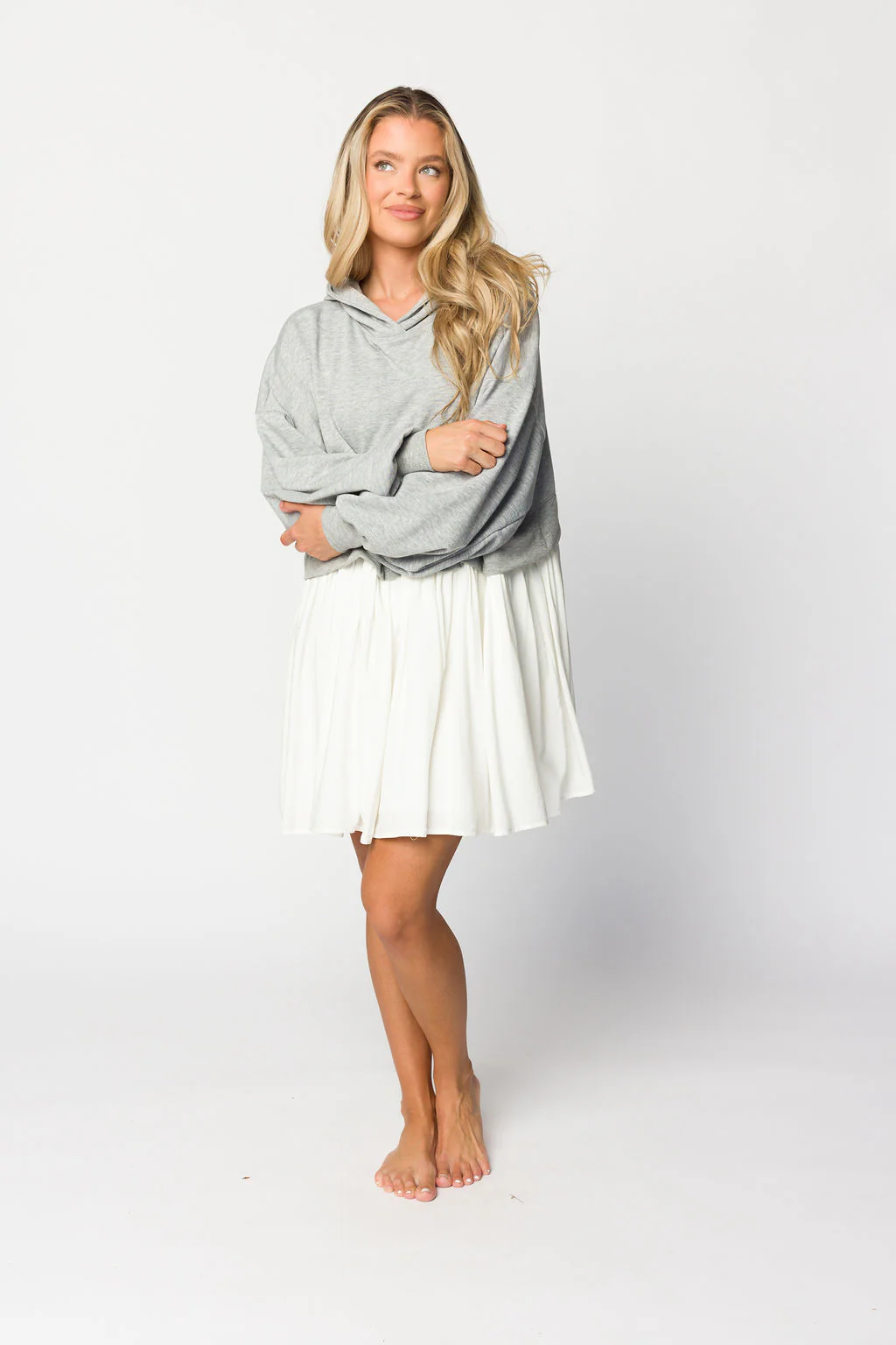 Caroline Hoodie/Babydoll Mini Dress in Heather Grey/Off-White - Directfux