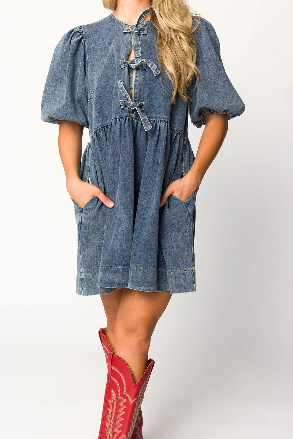 Arlo Denim Mini Babydoll Dress in Medium Wash - Directfux