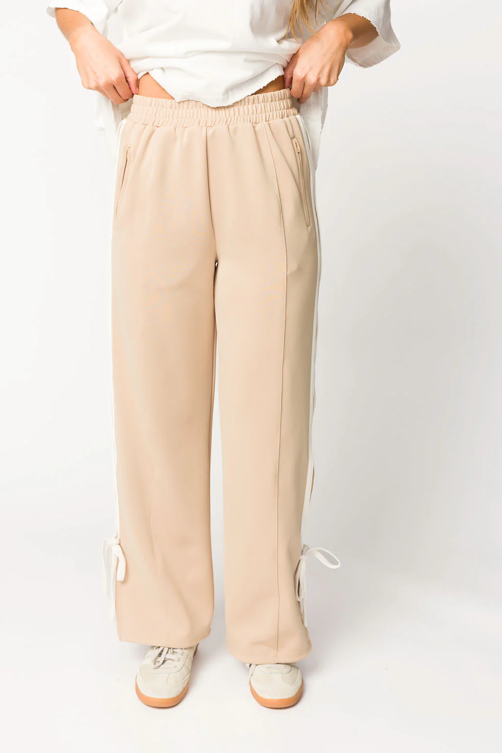 Murphy Track Pants with Bow Detail in Taupe/White - Directfux